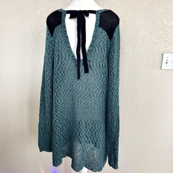Maurices Sweater Crochet Knit Dress Sz 2 Teal Blue Tunic Long Sleeve Bow Back - Picture 4 of 15